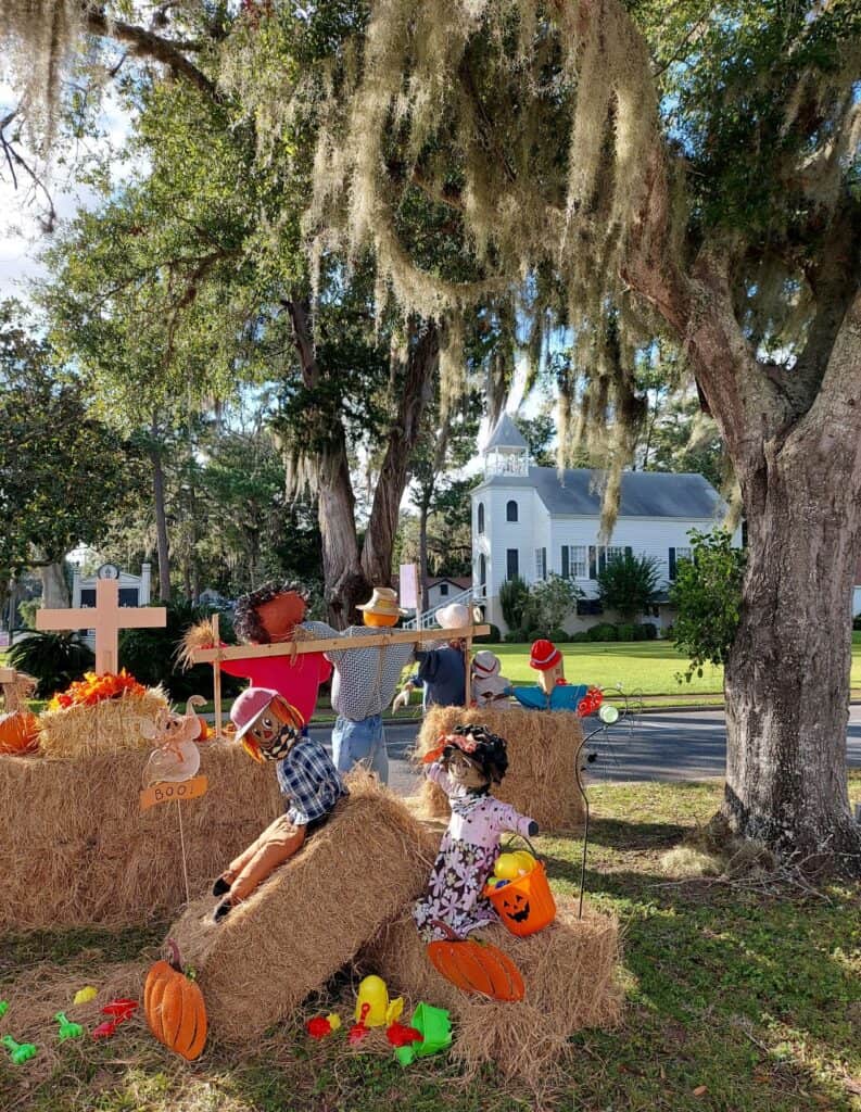 Autumn decorations in front of Presbyterian Church, a stop on Molly's Old South Tours' Murder and Mayhem tour