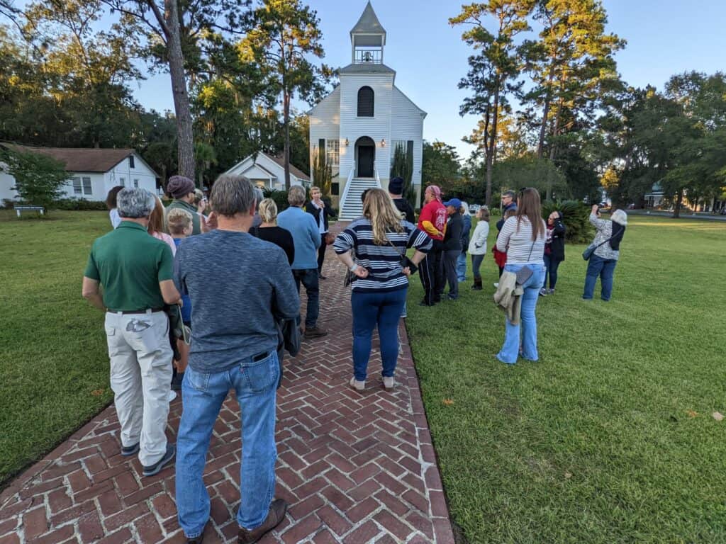 Molly's Old South Tours group exploring the First Presbyterian Church, the oldest church in St. Marys from 1808