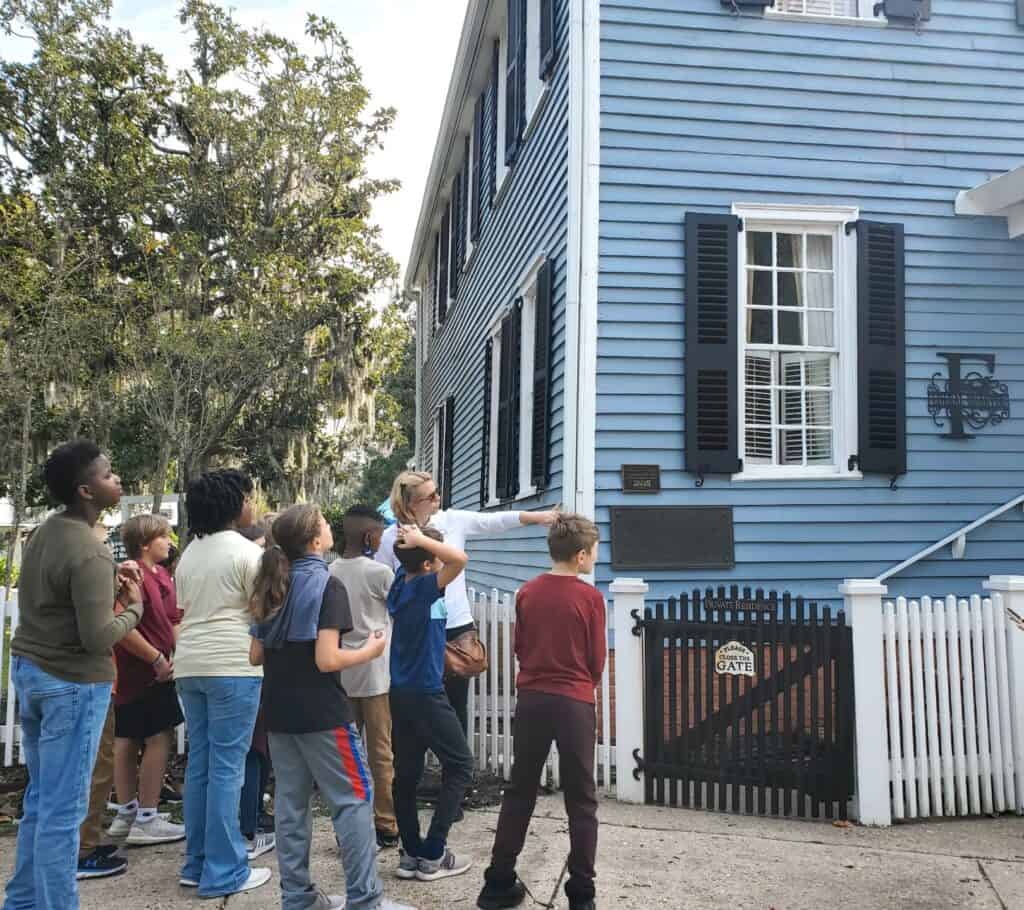 Molly's Old South Tours field trip group field trip group at the Archibald Clark House of 1801, the oldest house in St. Marys