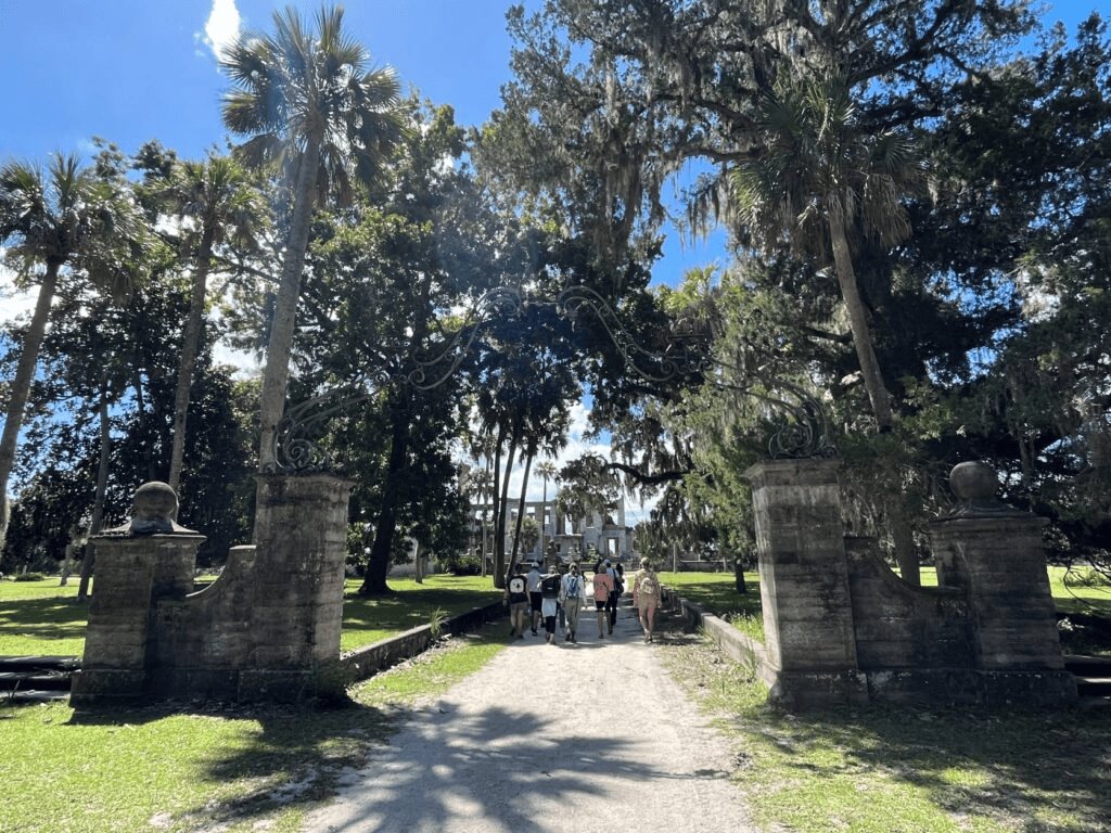Molly's Old South Tours group entering the grounds of the Carnegies' Cumberland Island mansion at Dungeness