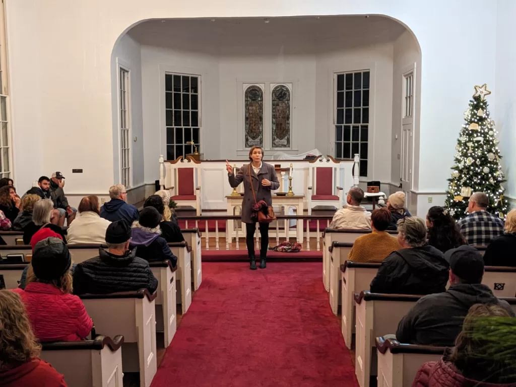 Molly's Old South Tours Churches and Chocolates group inside historic Methodist chapel