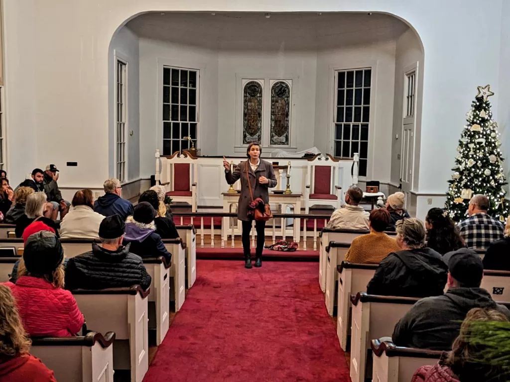 Molly's Old South Tours Churches and Chocolates group inside historic Methodist chapel