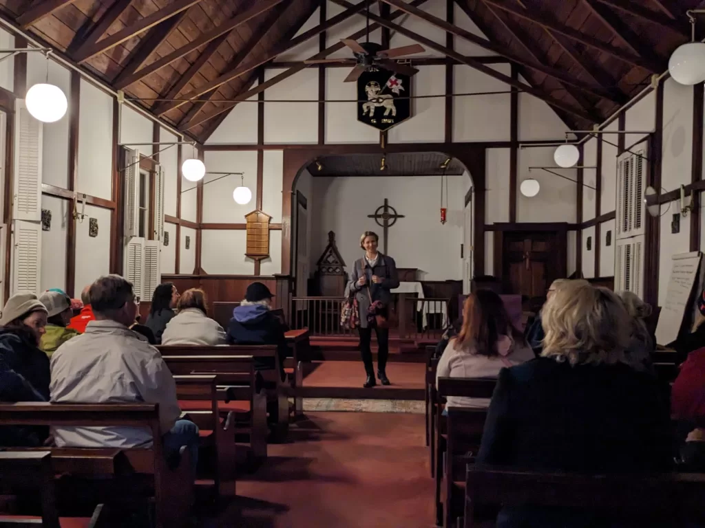 Molly's Old South Tours Churches and Chocolates group inside historic Episcopal chapel